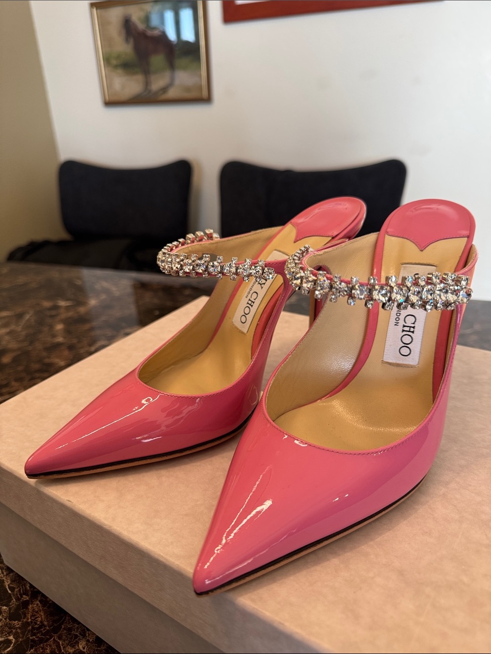Jimmy Choo Pink Patent Crystal-Strap Pointed-Toe Mules - Picture 5 of 7